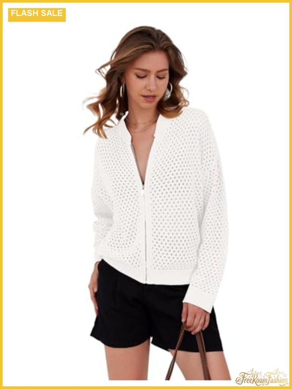 Zip Up Crochet Cardigan Sweater Oversized Knit Bomber Jacket Fishnet Cardigans